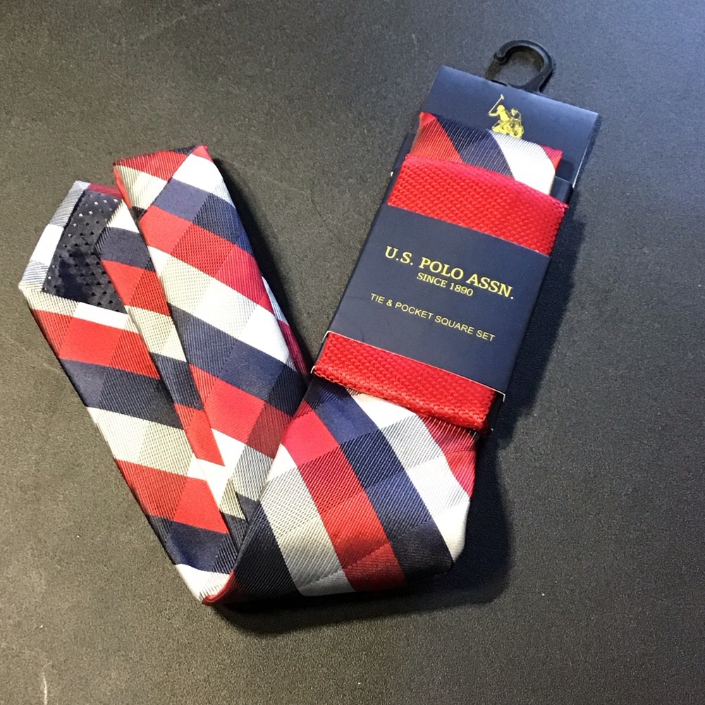 U.S. Polo Assn. Red and Blue Striped Tie With Pocket Square